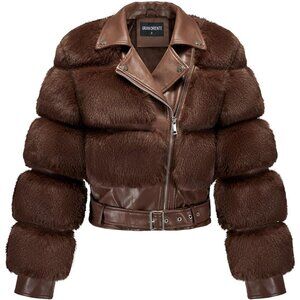 Women's Moto Style Cropped Faux Fur Leather Belted Biker Coat Zip Up Coffee